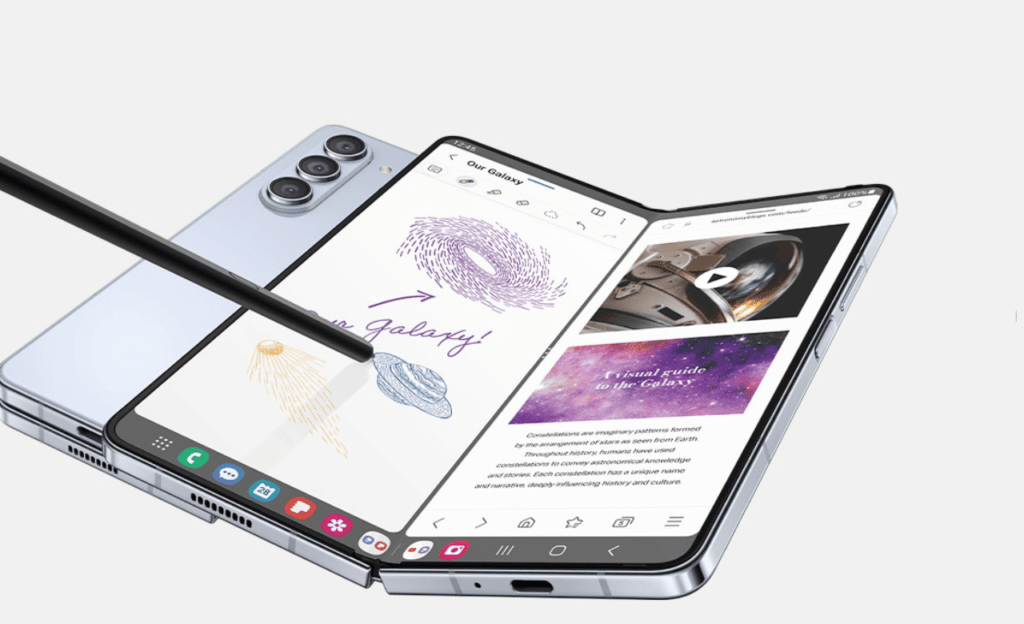 Samsung Galaxy Fold 2, a foldable smartphone, showcased at the 2024 new phone launch event, highlighting its innovative design.
