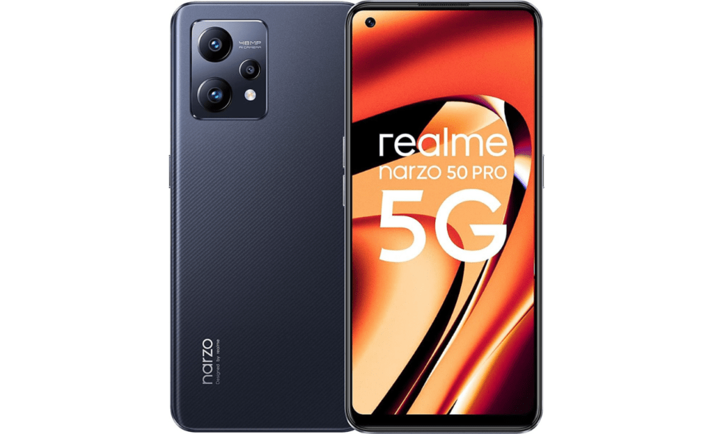 Front and back view of a Realme Narzo 50 Pro 5G smartphone, featuring a triple camera setup on the back and a screen with the text "realme narzo 50 PRO 5G" on the front. This is set to be one of the best phones under ₹15,000 in 2024.