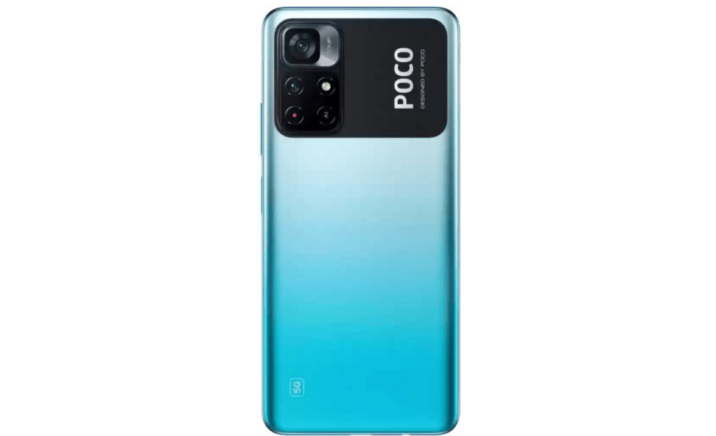  Image of Poco M4 in blue, featuring 4GB RAM and 128GB storage, recognized as the best phone under 15000 in 2024.